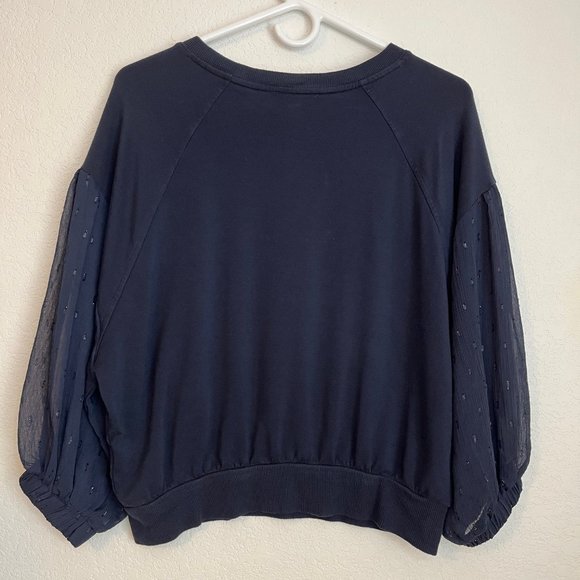 Express Sweatshirt with 3/4 length sheer sleeves, Navy, Size XS - Picture 2 of 8